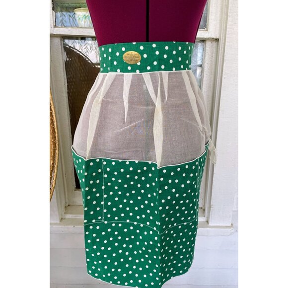 Vintage 1950s Half Apron Organdy Linen Gree Polka dot Original tags - Picture 1 of 11